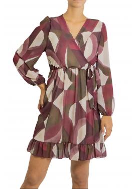 Vestito scollo a V fantasia con cinta laterale 